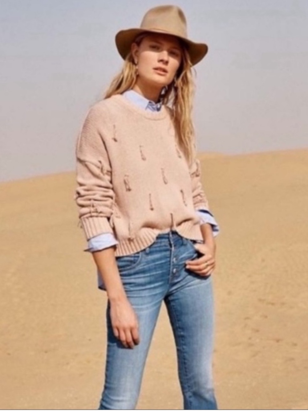 Madewell Tan Tassel Knit Pullover Sweater 100% Cotton Neutral Boho Relaxed XS
